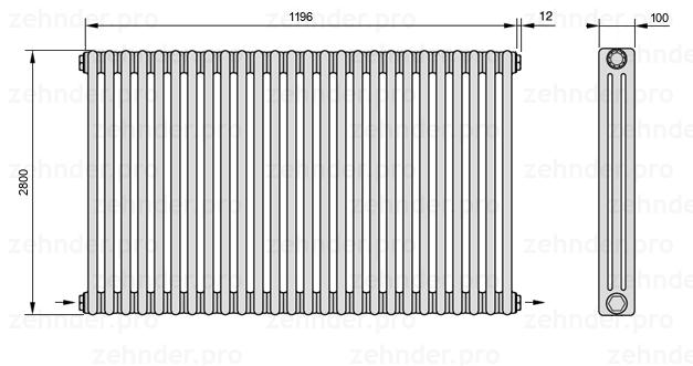 Схема (чертеж) Радиатор Zehnder Charleston 3280/26 №2670 Белый глянцевый RAL 9016